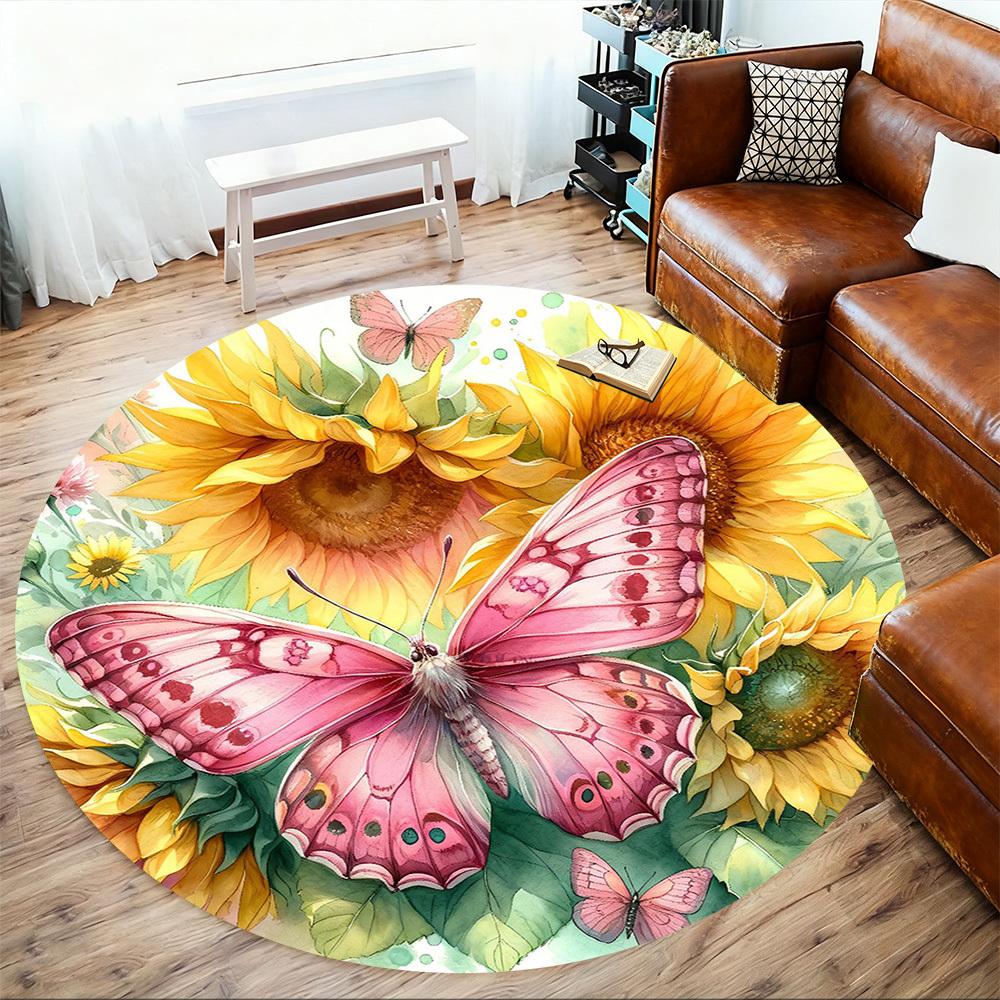 1pc Butterfly Sunflower Round Chair Mat Office Area Rug - Non-Slip, Floor Mat for Office, Bedroom, Ideal Home Decor Gift C0112014