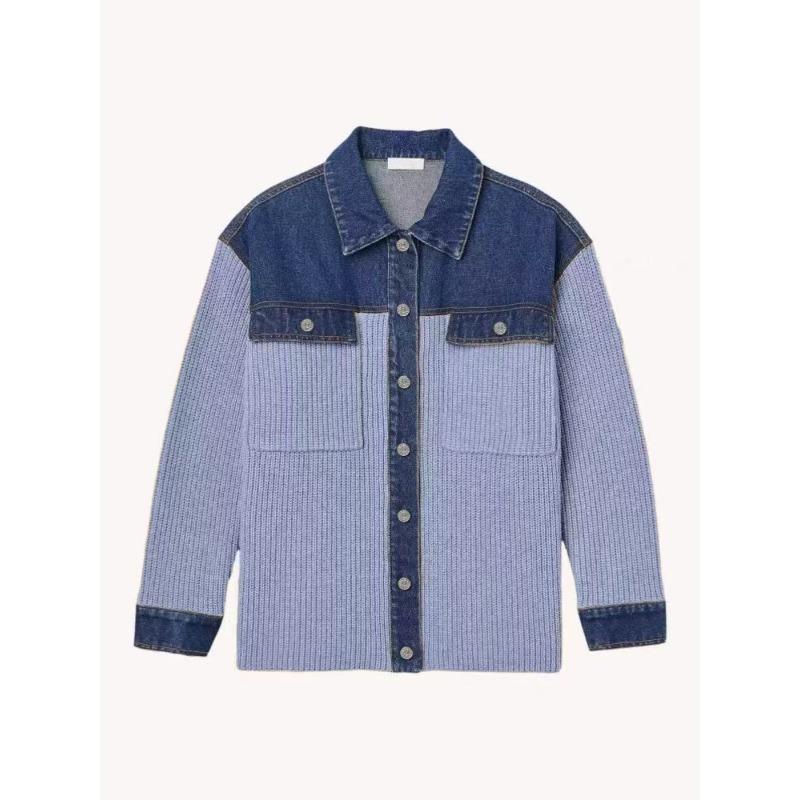 Autumn and winter new knitted cardigan women's retro contrasting denim splicing lapel sweater jacket women