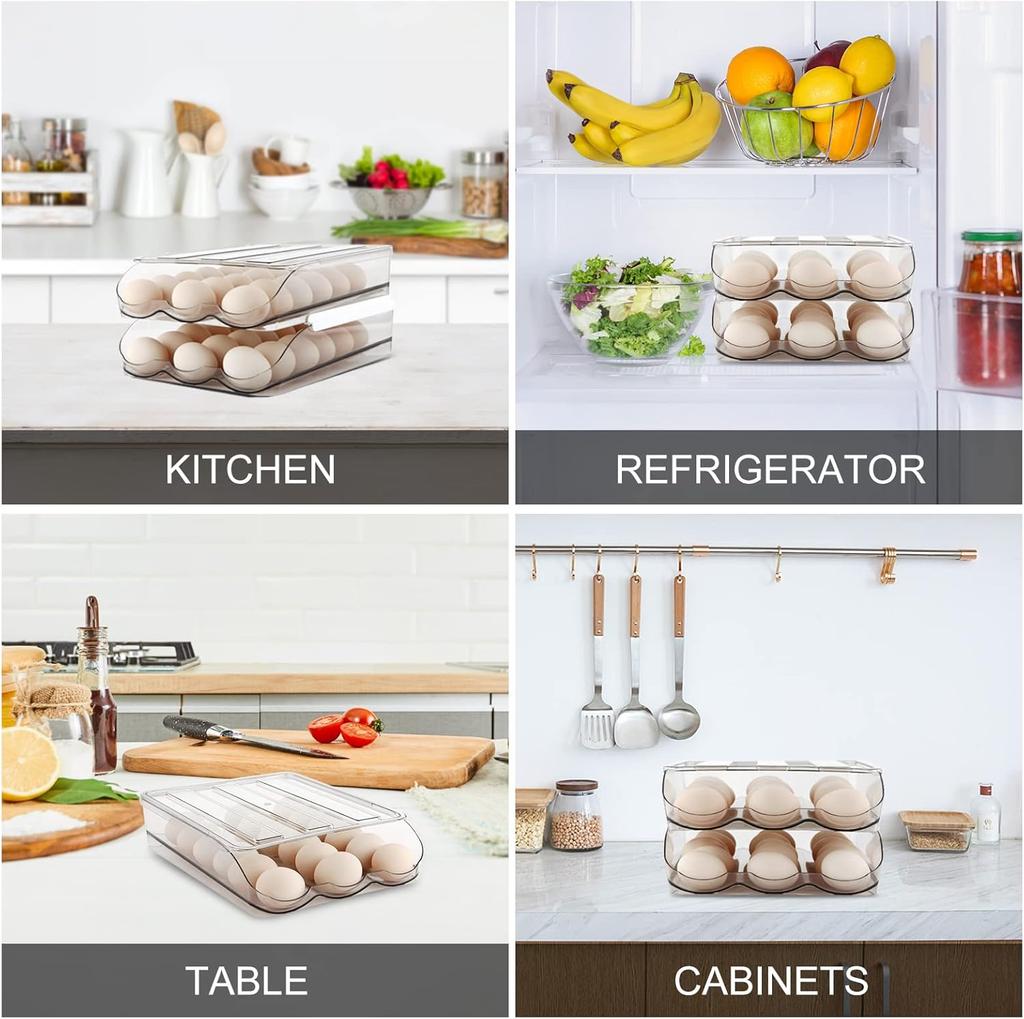 Egg Holder for Fridge,Automatically Rolling Egg Storage Container for Refrigerator Large Capacity Egg Organizer for Fridge with Lid Clear Plastic