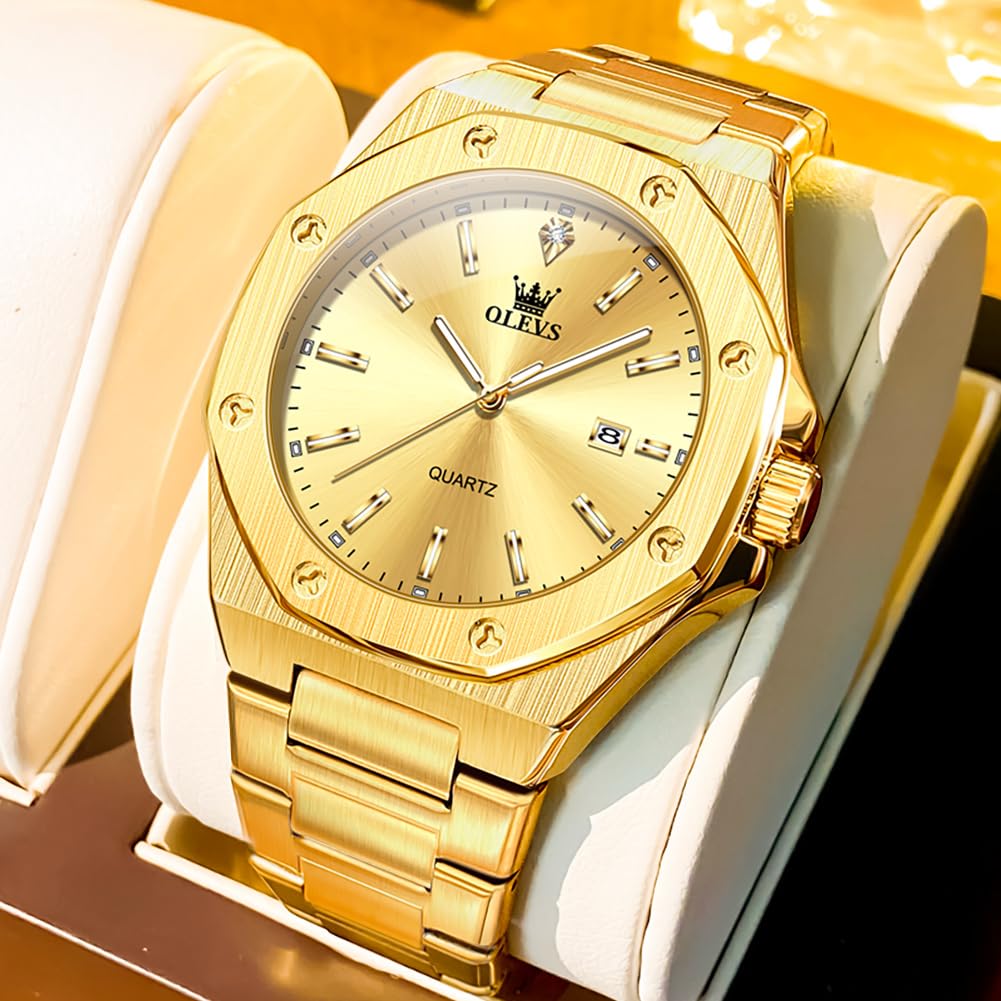 Olevs Ottagonale Popolare Impermeabile Analogico Quarzo Elegante Acciaio Inossidabile con Data Grande Oro Perfetto per e Lusso Un Ottimo Orologio da Uomo,