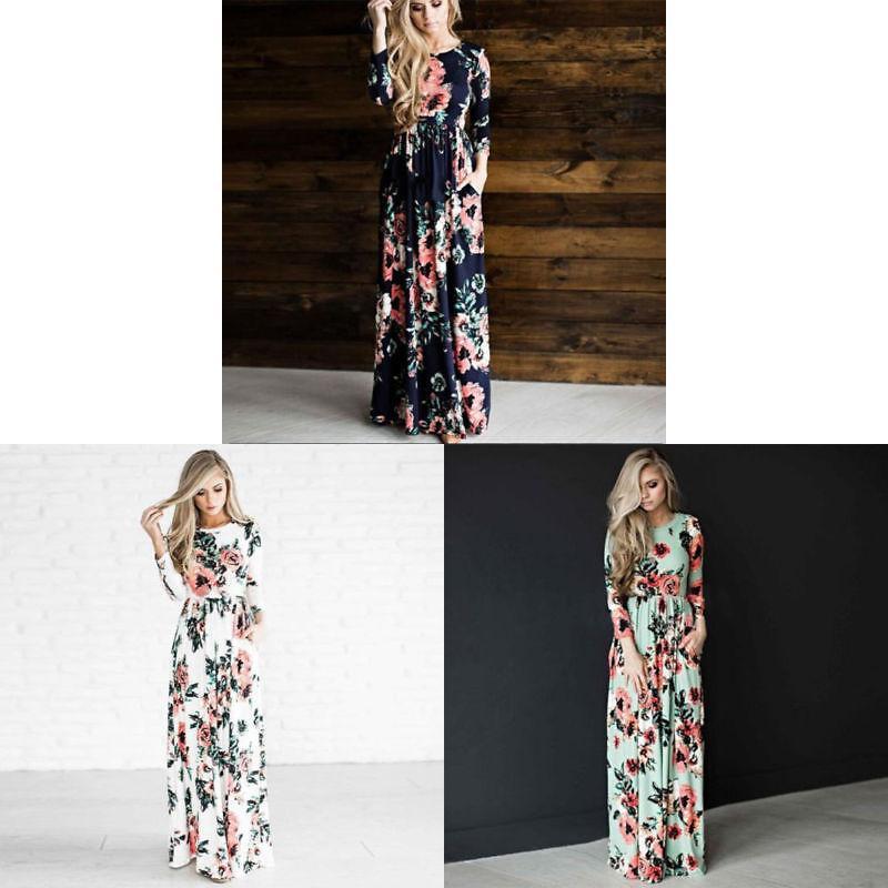 Elegant Summer Floral Print Long Sleeve Dress For Women In White Pink Green And Navy Blue