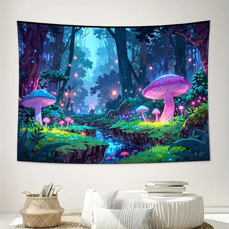 Enchanted Forest Mushroom Glow Night Scene Wall Tapestry Machine Washable All Season Decor Art Print Fantasy Nature Design Home 74x94cm(29x37in)