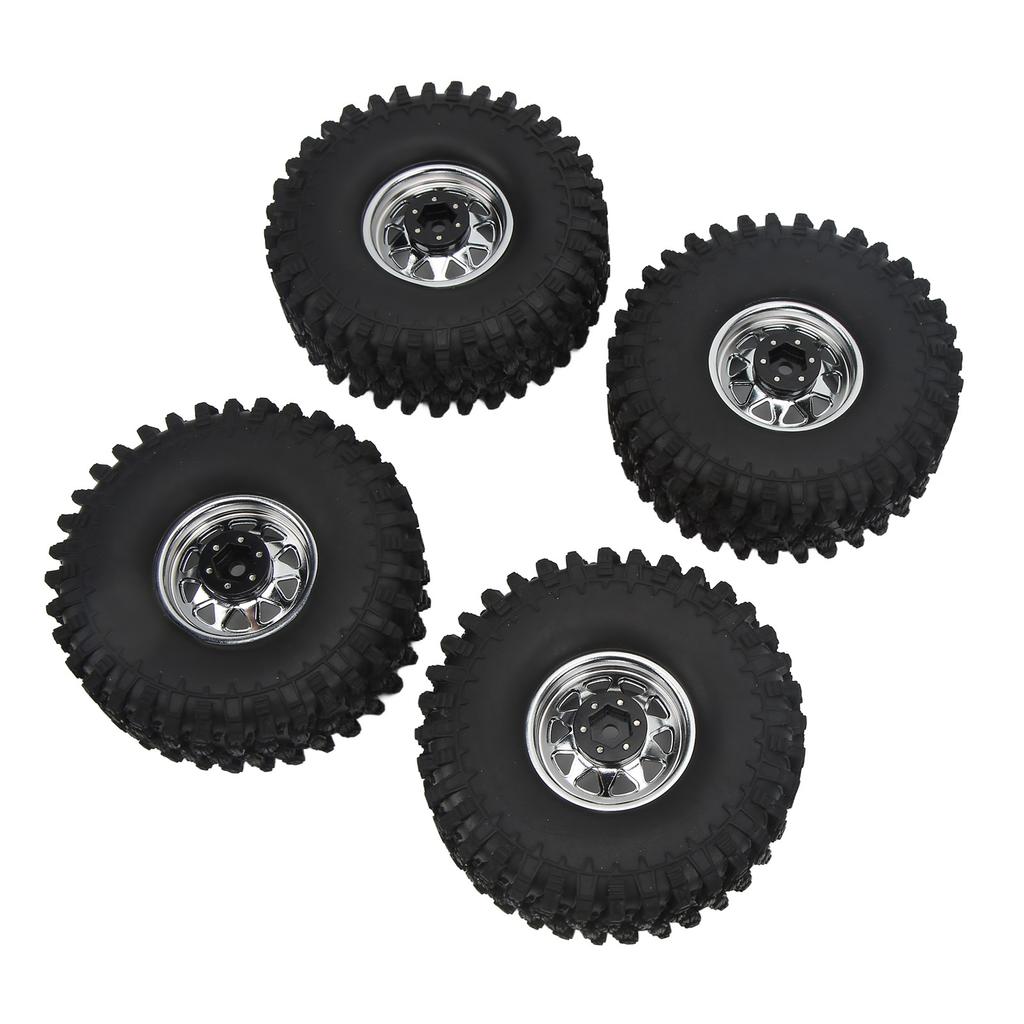 4Pcs 1/10 Scale RC Car Wheels Tires Iron Wheel Hub 1.9 Inch Rubber Tires for 1/10 Remote Control Car Upgrade Accessories Silver
