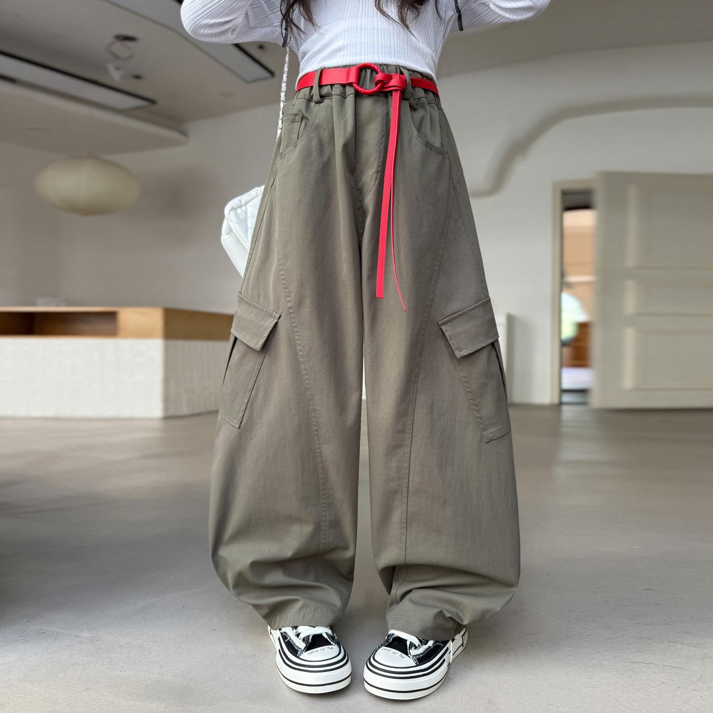 

2025 Spring/Autumn Girls Trendy Korean-Style Cargo Wide-Leg Pants for Kids 160cm