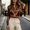 Women's V Neck Satin Blouse Long Sleeve Color Work Top