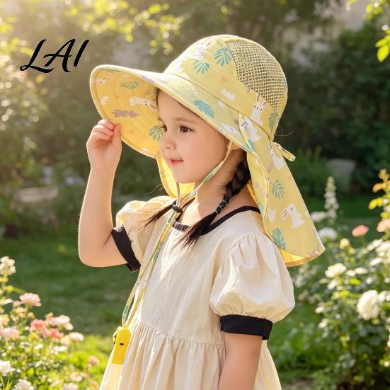 Portable Foldable Beach Hat for Babies Cartoon Kids Sun with Neck Flap Print Breathable Wide Brim Cap Running Boys Girls UV Protection Outdoor