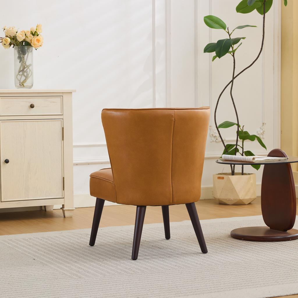 Light brown genuine leather living room lounge chair without armrests – solid rubberwood base, modern comfort chair
