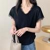 Summer Thin French Splicing Lace V-neck Small Flying Sleeve Short T-shirt Top