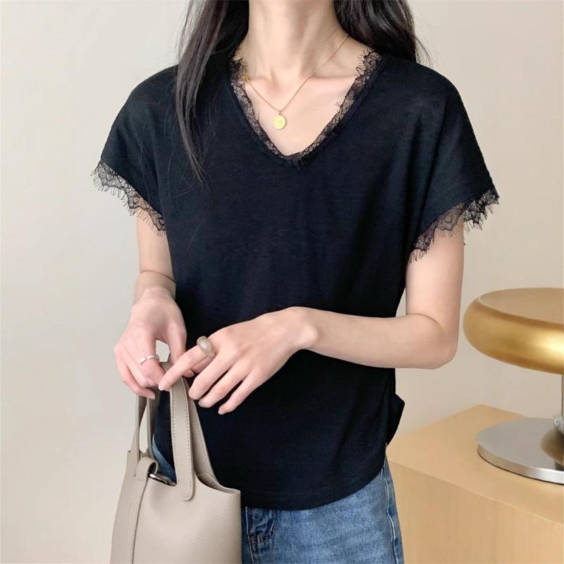 Summer Thin French Splicing Lace V-neck Small Flying Sleeve Short T-shirt Top