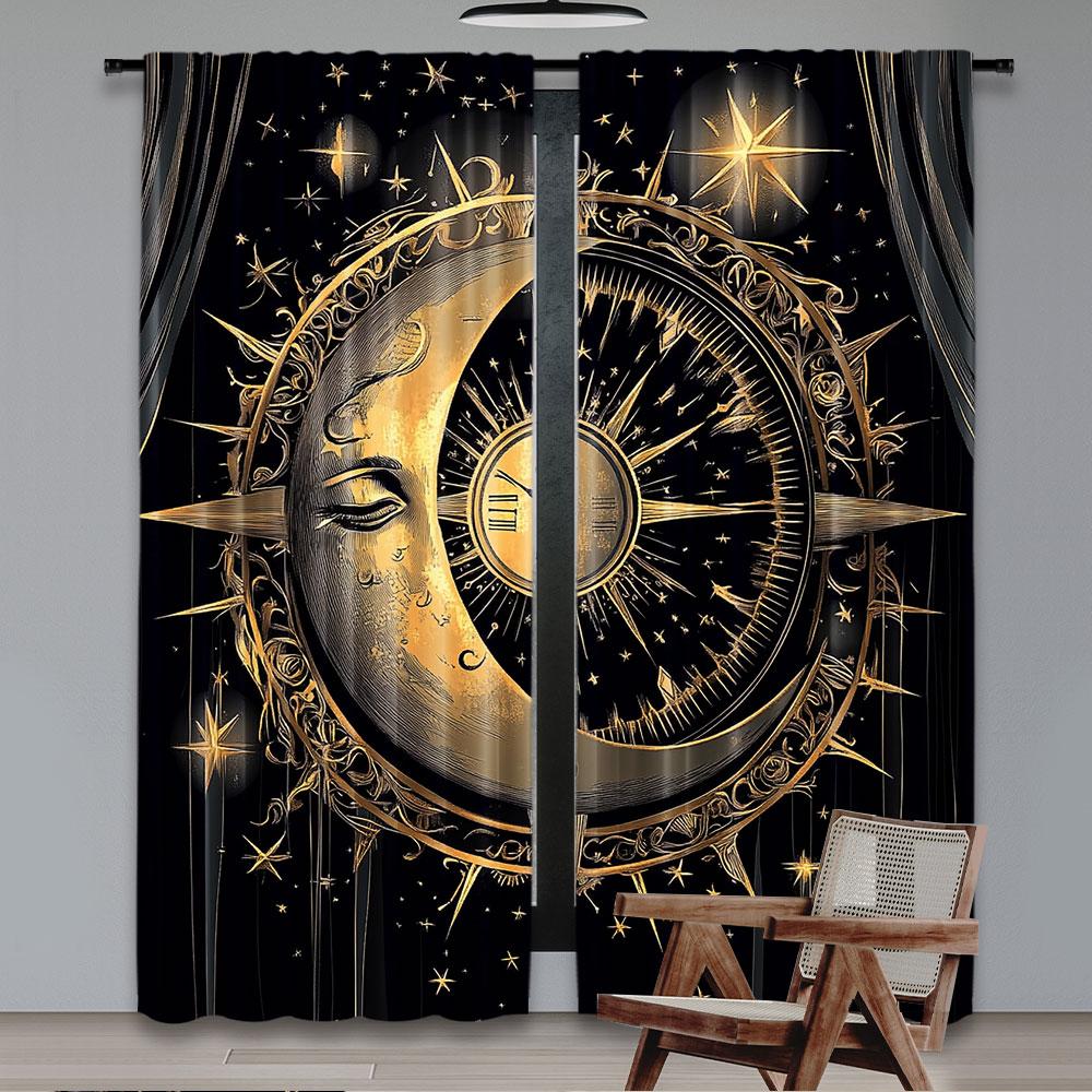 2Pcs Sun Moon Windows Curtains Retro Bohemian Antique Hippie Gold Sun Crescent And Star Curtains For Living Room Bedroom A
