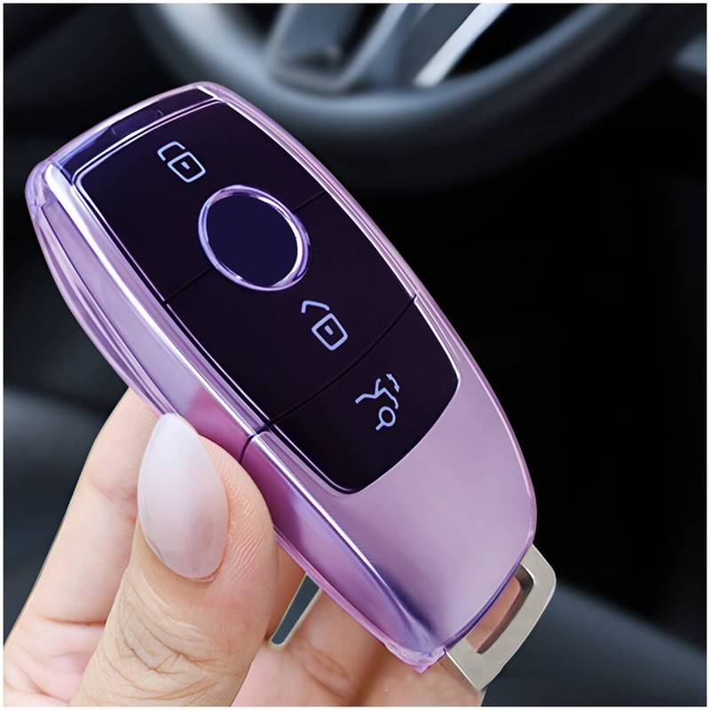 Car Key Cover Fob Case Shell With Keychain Fit For Mercedes-Benz A B C E G S Class CLA C118 CLS C257 Transparent-Purple TPU