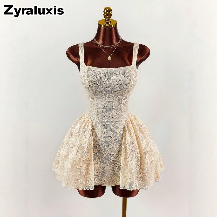 New Women's White Lace Dress, Square Neck Wide Belt Empire Waist Ruffled Short Skirt