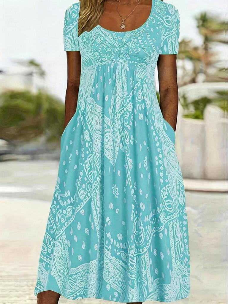 Europäisches & Amerikanisches Sommer Retro Print Mittelhoher Taillenlanger Kleid - Kurzarm, Rundhalsausschnitt, Bequemer Lässiger Stil Pullover