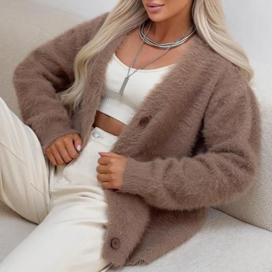 Women Sweater Coat V-Neck Long Sleeve Buttons Placket Knitting Coat Pure Color Elastic Fabric Loose Fit Casual Sweater