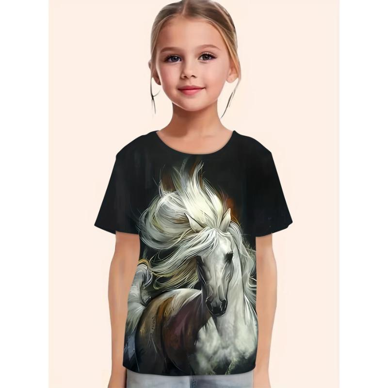Children's Clothing for Girls, Short Sleeved Girls' T-shirt, Casual Retro Horse Print Children's Summer Clothing for Girls, Roun