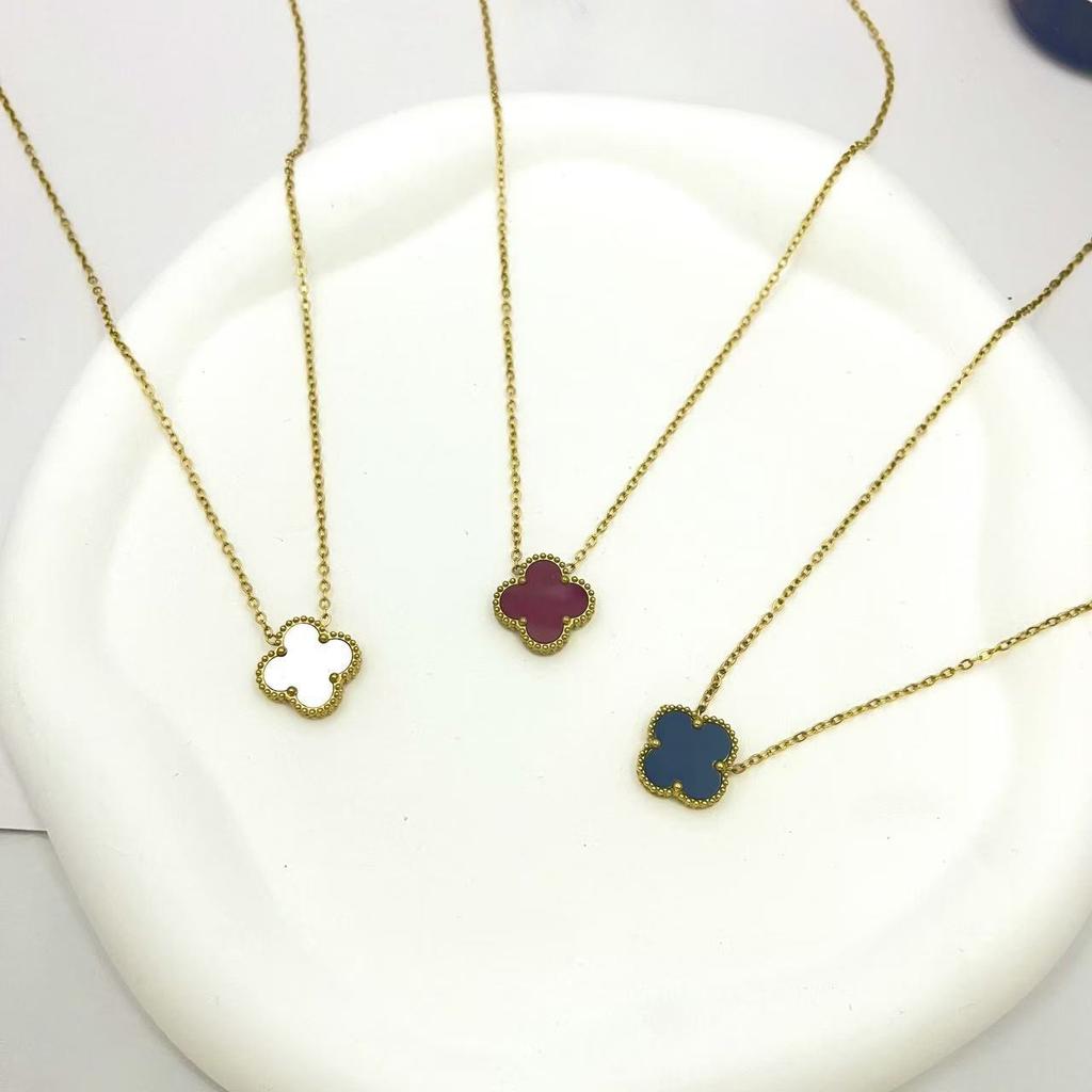 Colar Trevo de Quatro Folhas 15mm Mulheres 18k Corrente Dupla Face para Clavícula Pingente da Sorte Joias Aço Titânio