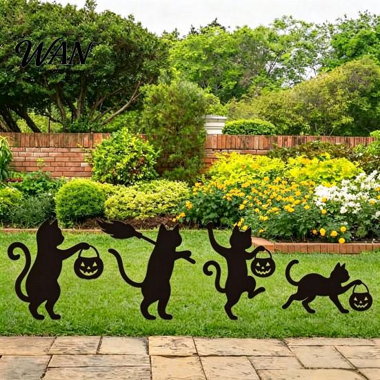 Durable Metal Yard Inserts Halloween Black Cat Stakes, Garden Stake with Pumpkin Lantern and Waterproof Statues Witch Broom, Outdoor Lawn Art