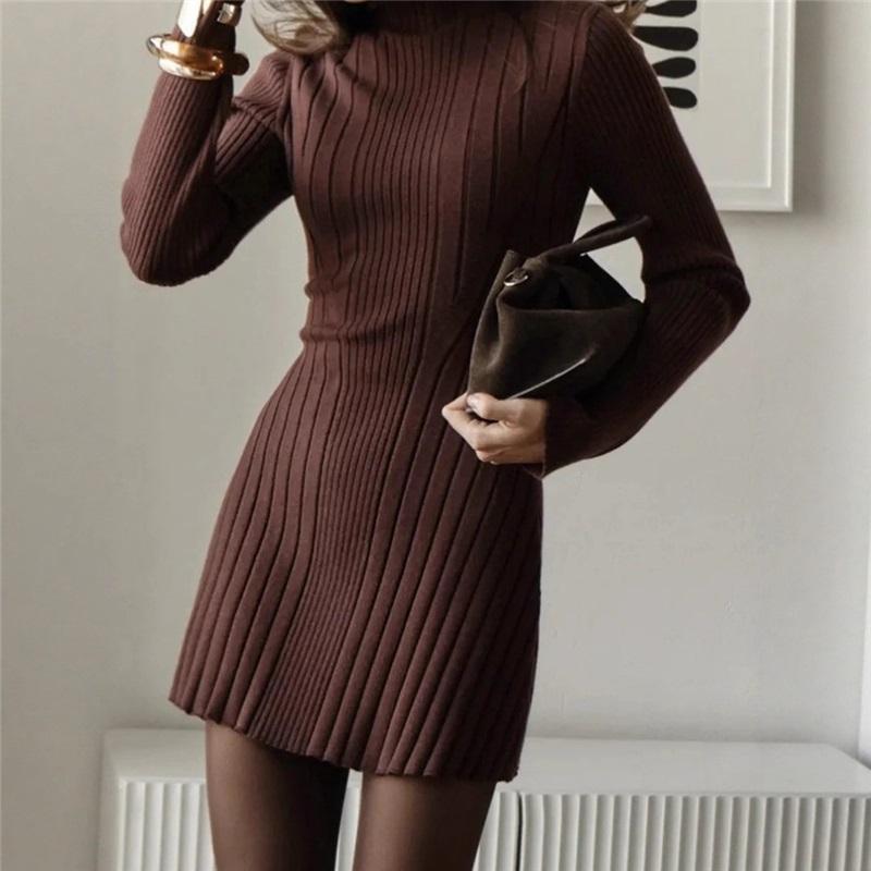 Dlouhý rukáv Vysoký krk Pletené šaty Jarní Módní A-line Krátká sukně Dámské Trendy Ležérní šaty Krátká sukně Elegantní vzhled