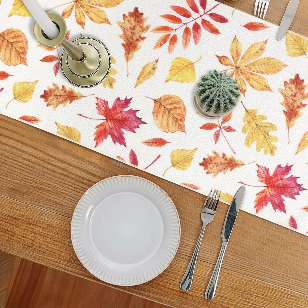 OWENIE Fall Table Runner for Kitchen Dining Table, Thanksgiving Autumn Printed Harvest Pumpk Maple Leaves Textured Fabric Halloween Holiday Home