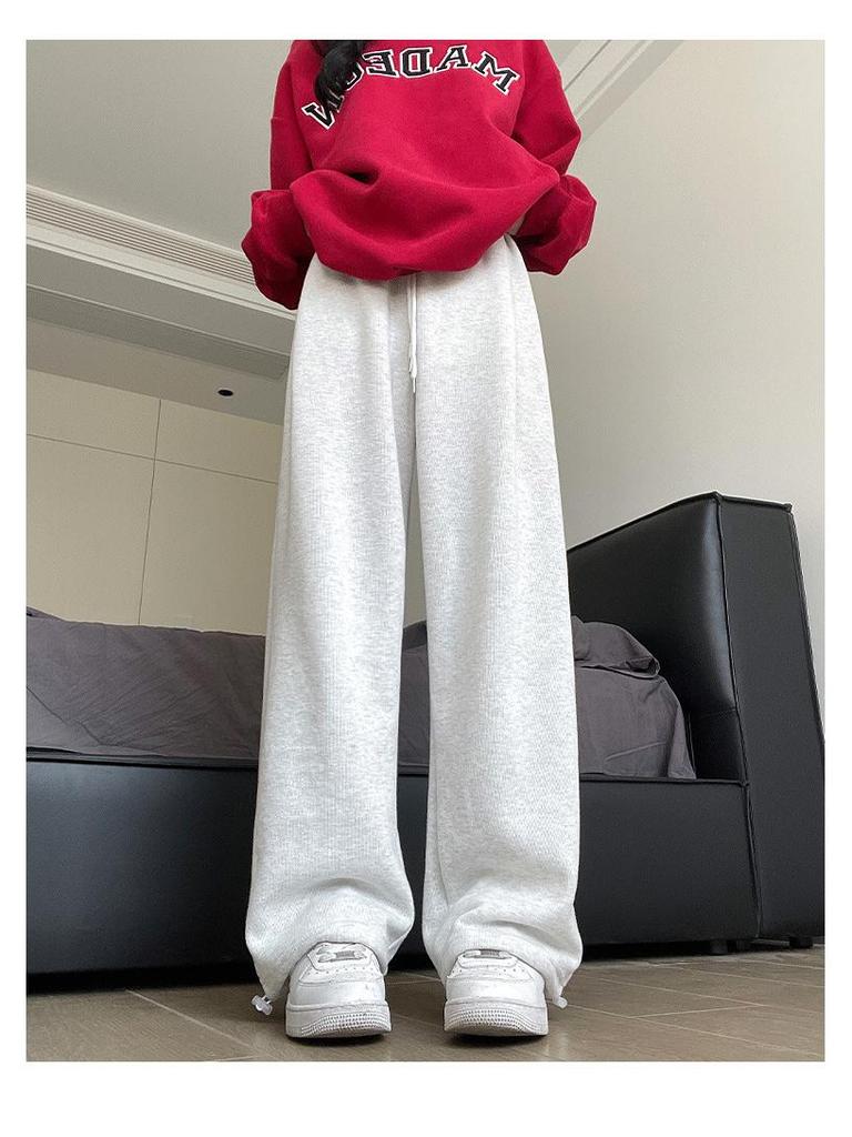 Women's White-Gray High-Waisted Wide-Leg Sweatpants - Petite, Slimming, Casual Athletic Wear for Autumn 2024