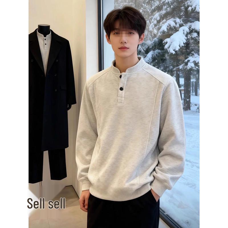 Men's American Style Henley Collar Hoodie: Plain Color, Autumn/Winter Casual Pullover, Long Sleeve Versatile Base Layer.