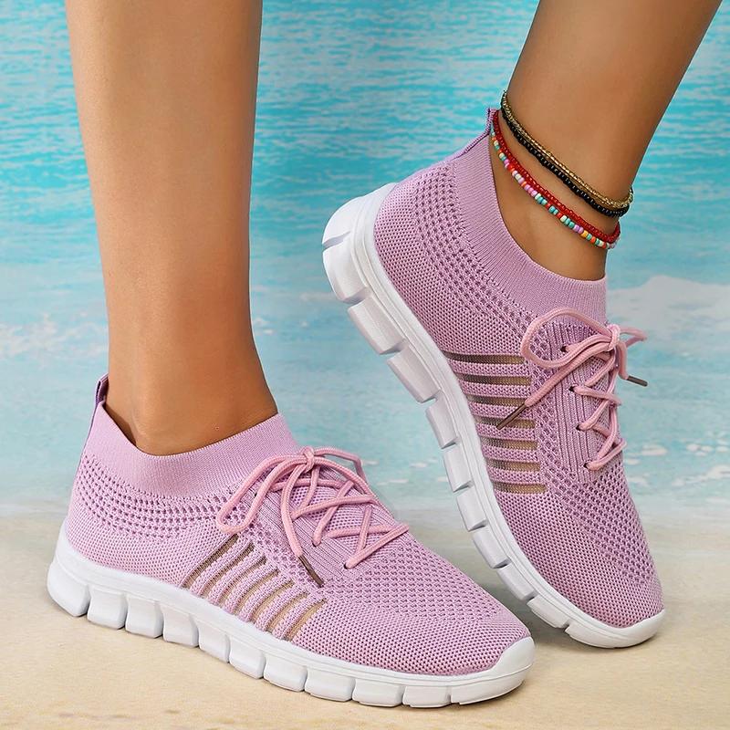 Fashion Green Soft Sole Knit Walking Shoes for Women 2025 Comfortable Breathable Mesh Sneakers Woman Plus Size Lightweight Casual Flats