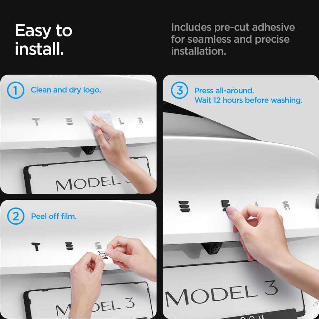 Spigen Tesla Model 3 Highland Rear Emblem Logo Sticker Premium Full PC Designed for Tesla Model 3 Accessories Black 2024-Present Decal, Coverage,