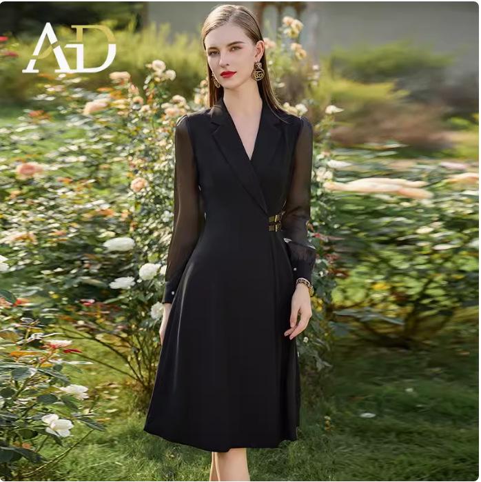 

Весеннее черное платье-богиня с сетчатыми рукавами - Приталенный силуэт, костюмный воротник, миди, профессиональный женский наряд XXL