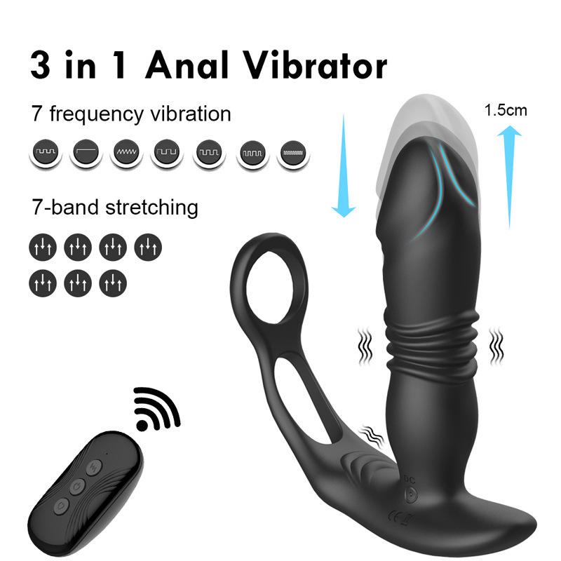 Blue Remote Control Anal Prostate Vibrator with Double Ring Lock and Telescopic Function