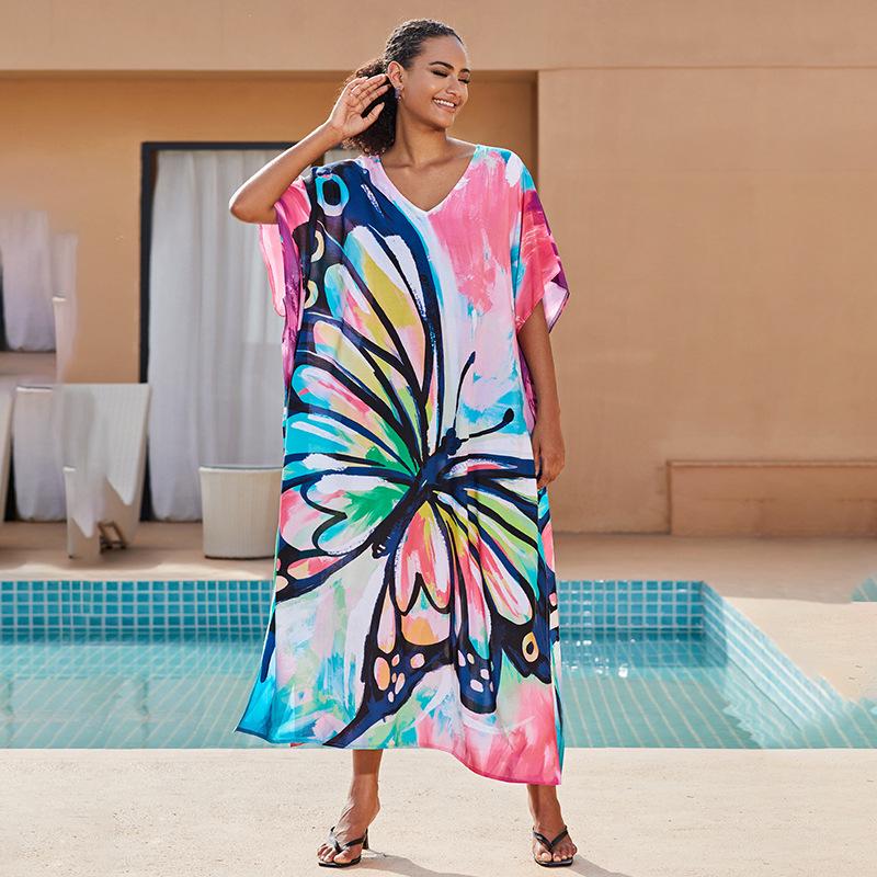 2024 European-American Rayon V-neck Beach Cover-up Robe