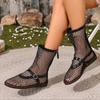 Women's Spring-Summer Breathable Mesh Roman Style Flat Round-Toe Sandals, Sexy Hollow Short Boots, Black Trendy Footwear.