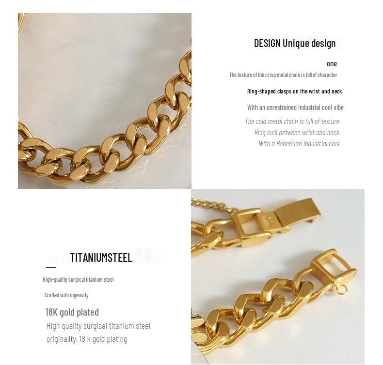 Exaggerated 18K Gold-Plated Titanium Steel Cuban Necklace & Bracelet Set - European/American Hip Hop Style