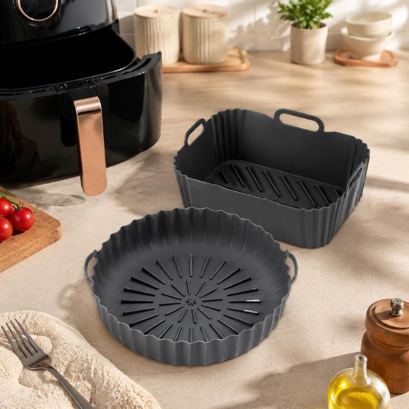 Round and Square Cooking Basket Trays in Reusable Silicone with Grip Handle Design and Crumb Collecting Base Pair