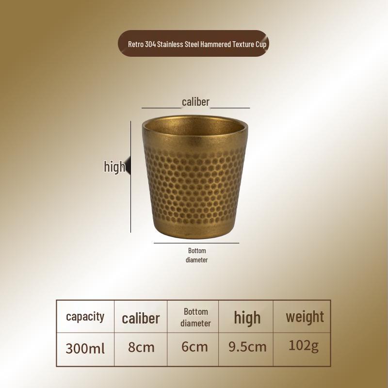 Gold Retro Double-Walled Insulated 304 Stainless Steel Water Cup with Diamond Texture