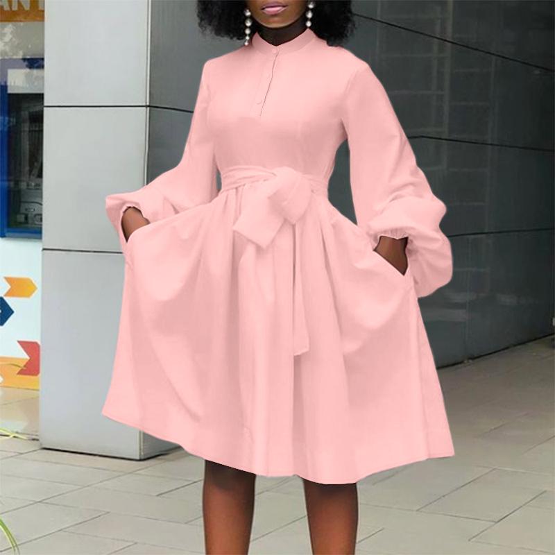 VONDA Women Plus Size Fashion Solid Color Stand Collar Pocket Long Sleeve Dresses