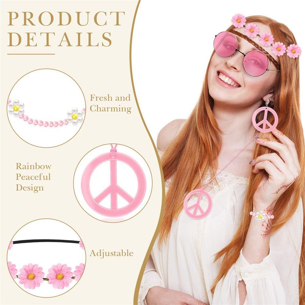 Boho Peace Sign Women's Hippie Costume Set 60's 70s Style Necklace Earrings  for Groovy Party Girls