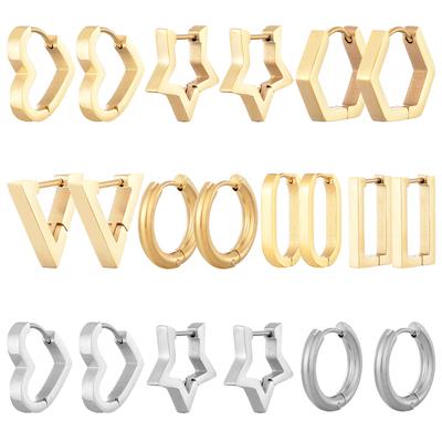 Orecchini a Cerchio Classici in Acciaio Inossidabile per Donne Uomini Cuore Stella Ovale Rettangolo Rotondo Triangolo Colore Oro Punk Hip Hop Gioielli