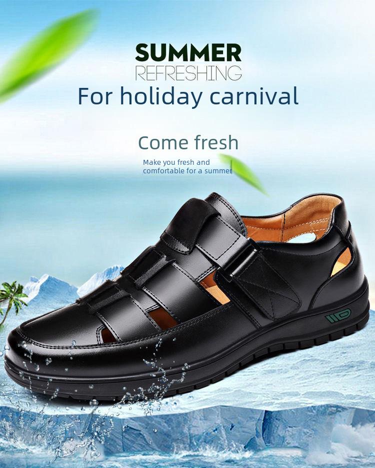 "Men's Black Leather Non-Slip Business Casual Sandals for Middle-Aged and Elderly"