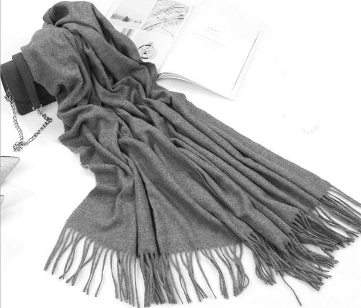 Wool and Cashmere Scarf: Gray Solid Color with Fur Trim, Warm Tassels for Autumn and Winter