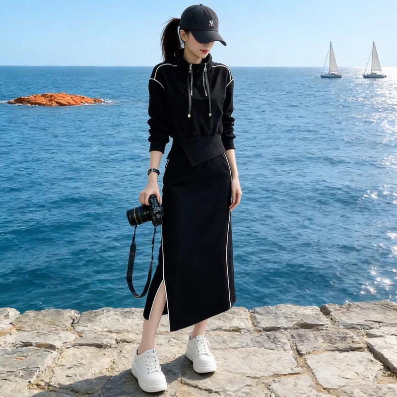 Spring 2026 Women s Casual Hoodie and Midi Skirt Set: Chic, Age-Defying Two-Piece Outfit XXL