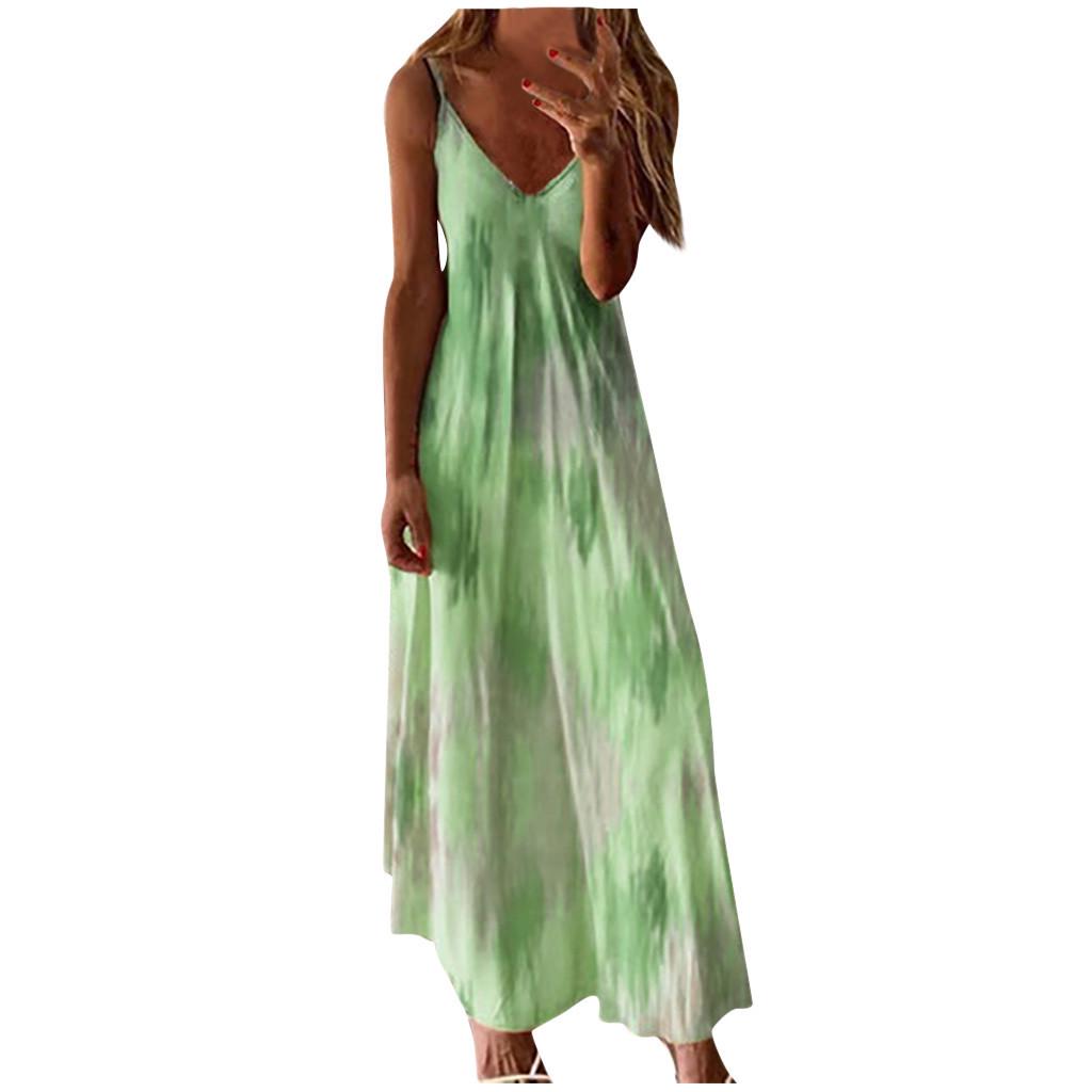 Fashion Women Sexy Plus Size Tie-dye Print Sleeveless V-Neck Camisole Long Dress