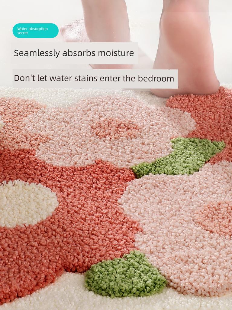 Strong Water-Absorbing Floor Mat At the Bathroom Entrance, Plush Quick-Drying Non-Slip Foot Mat, Pink Floral Carpet for the Shower Room