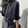 Small Niche Pleated Black Shirt for Women, Korean Version, Spring Design Sense, Short Shirt, High Waist Versatile Top