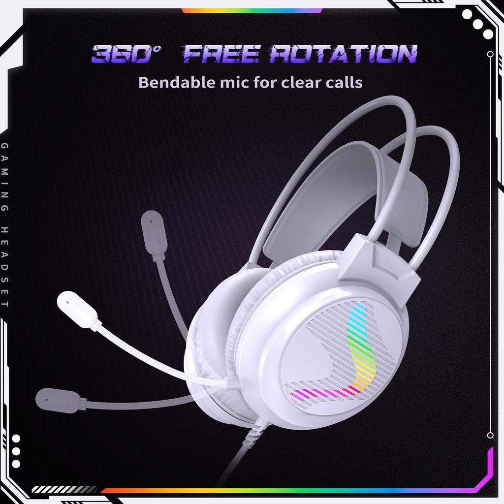 Wired Gaming Headset with RGB Light, 50mm Driver 360° Bendable Noise‑cancelling Mic 3.5mm USB Gaming Headphones for PC PS4 Xbox One