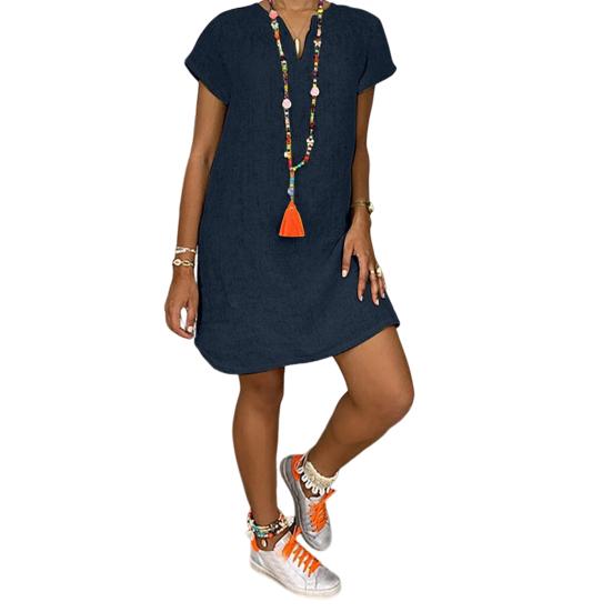 Summer Dress V Neck Split Hem Loose Irregular Short Sleeves Solid Color