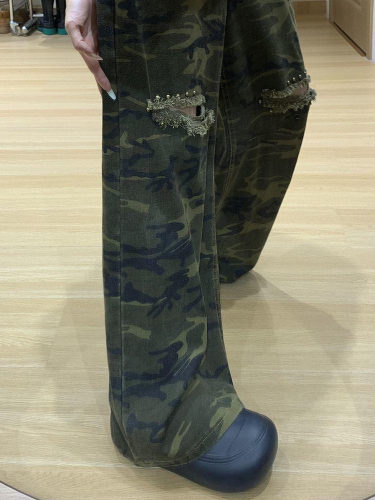 Damen 2025 Herbst High Waist Camouflage Ripped Jeans - Trendige Lockere Weite Beine Bodenlange Hose