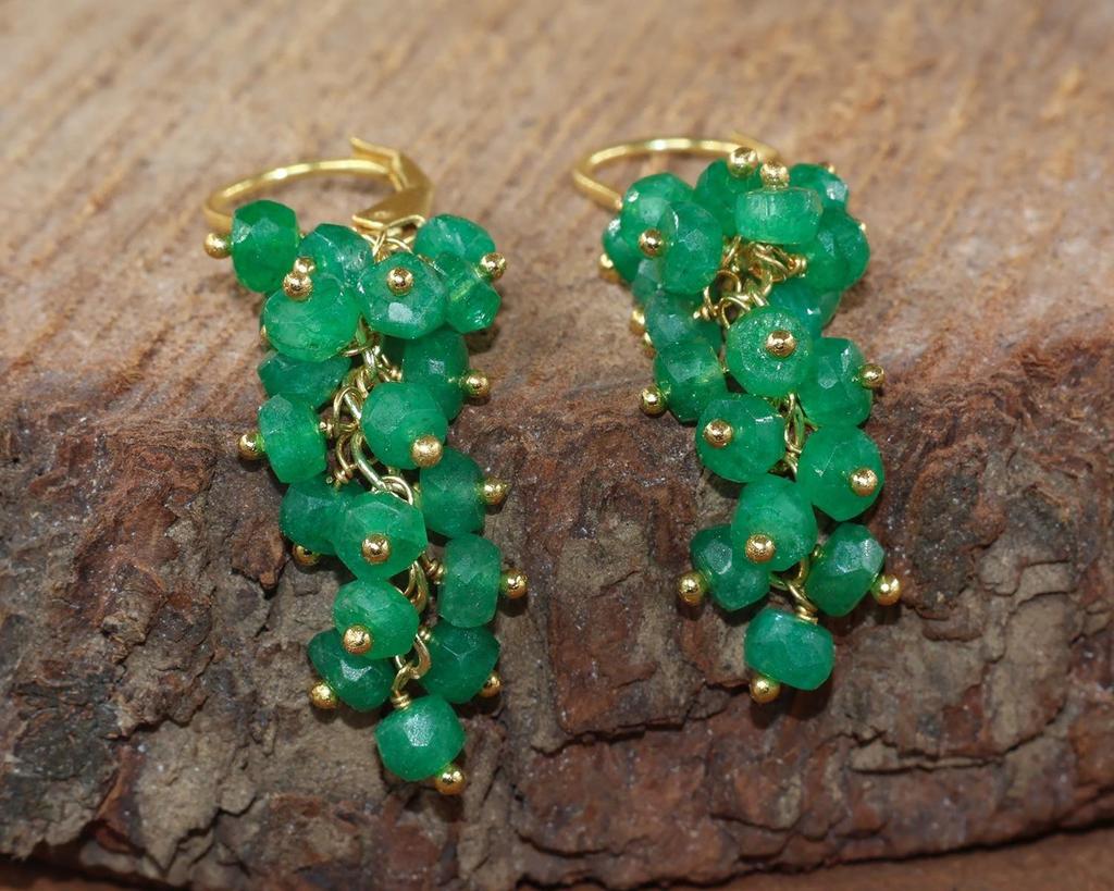 Green Emerald Gemstone Beads Cluster Earring, Natural Emerald Beads Gold Earring, May Birthstone Jewelry, Handmade Earrings, Gift for Her