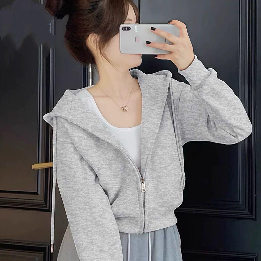 Women's Gray Slim-Fit Hooded Zip-Up Sweatshirt Jacket - Spring & Autumn Cardigan