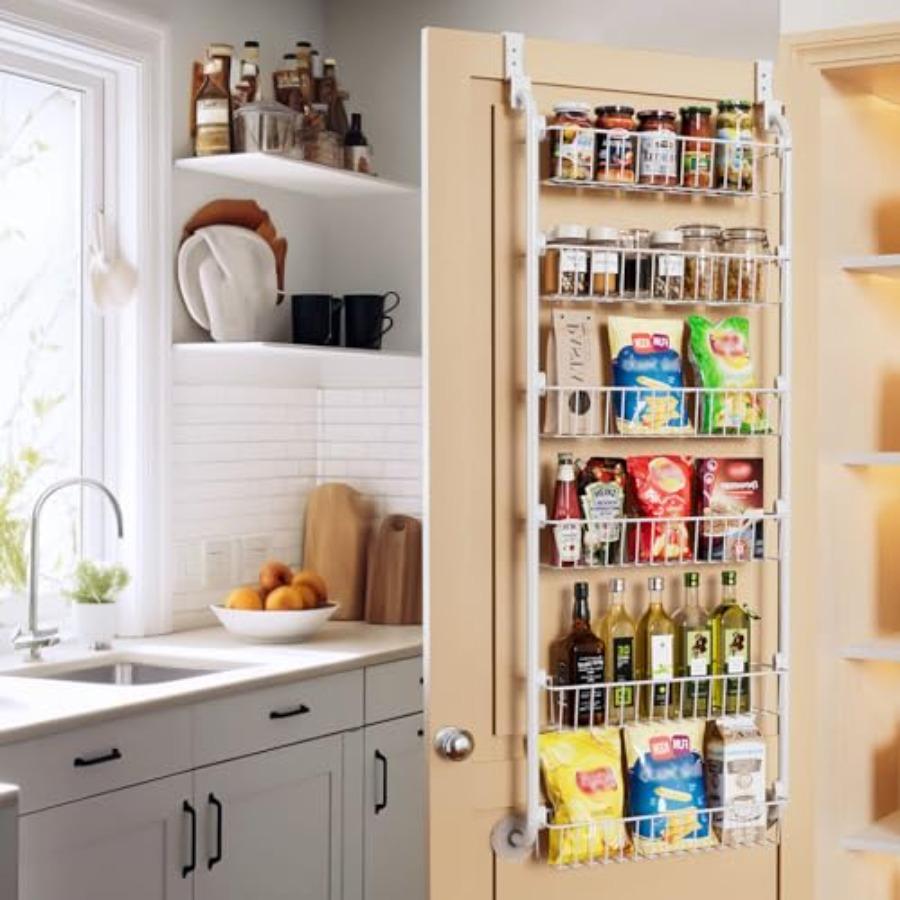 Over the Door Pantry Organizer 6-Tier Metal Cabinet Door Organizer Hanging Spice Rack Shelves for Kitchen Storage White D5 X W1