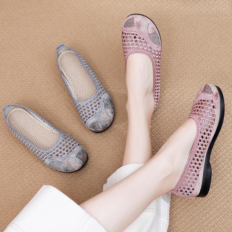 Damskie lekkie letnie buty z siateczki - Wygodne i oddychające płaskie sneakersy dla kobiet w średnim wieku i starszych w stylu Starego Pekinu